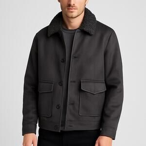 Express Faux Suede Sherpa-Lined Trucker Chore Jacket Charcoal Gray NWT